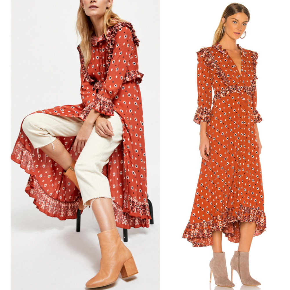 Free People Calico Skies Midi Dress Ruffle Button Boho Cottagecore Western Large - Picture 14 of 16
